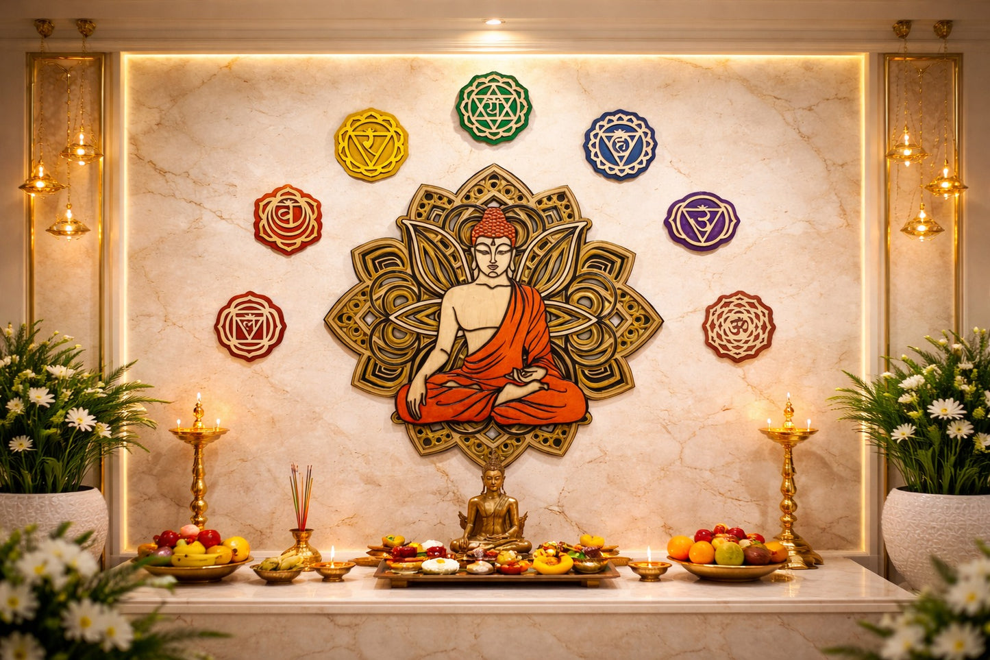 Indrik Luxury 3D Buddha Seven Chakra Mandala Wall Frame for Pooja Room and Meditation Spaces