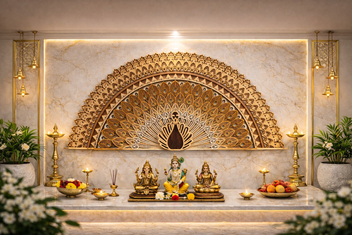 Indrik Luxury 3D Peacock Mandala Wall Frame for Pooja Room & Spiritual Interiors