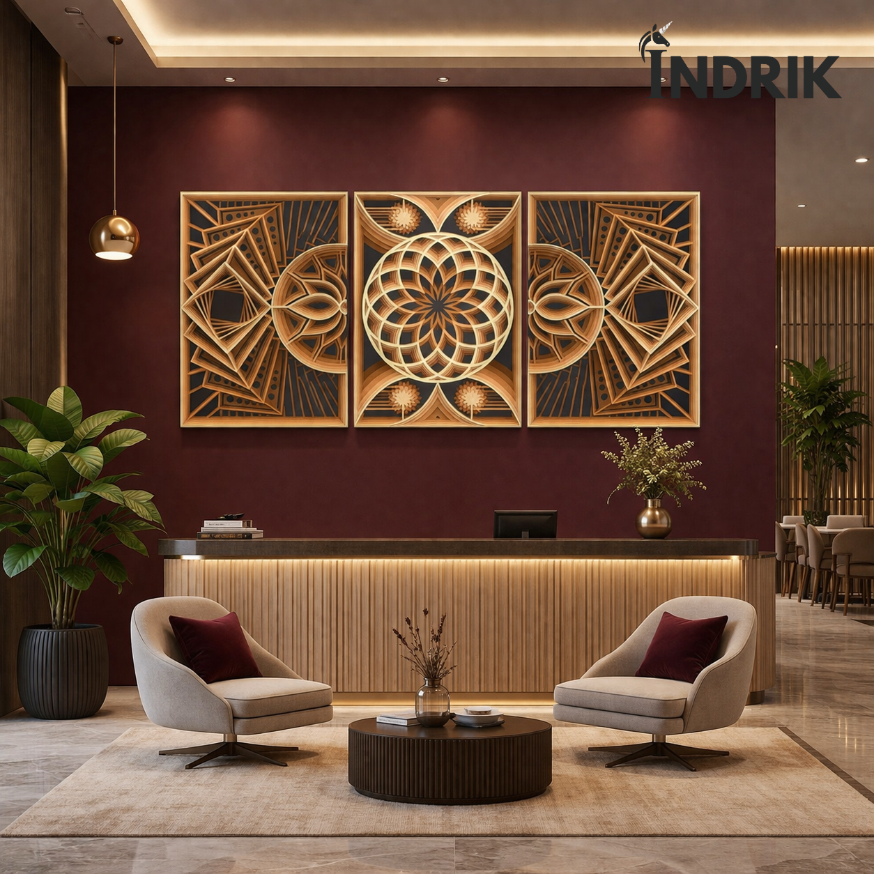 Indrik Premium 3D Triptych Mandala Wall Art for Reception & Luxury Interiors