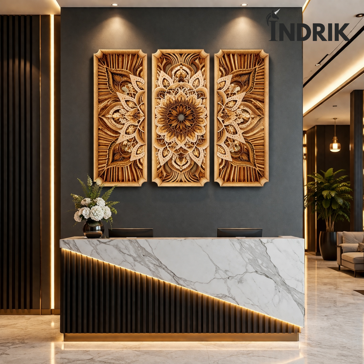 Indrik Premium 3D Triptych Floral Mandala Wall Art for Reception & Luxury Interiors