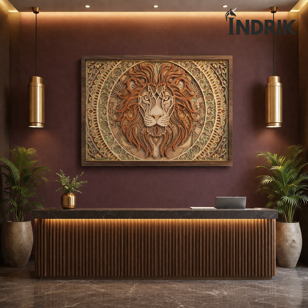Indrik Premium Lion Mandala Frame Wall Art for Reception, Office & Luxury Interior Décor