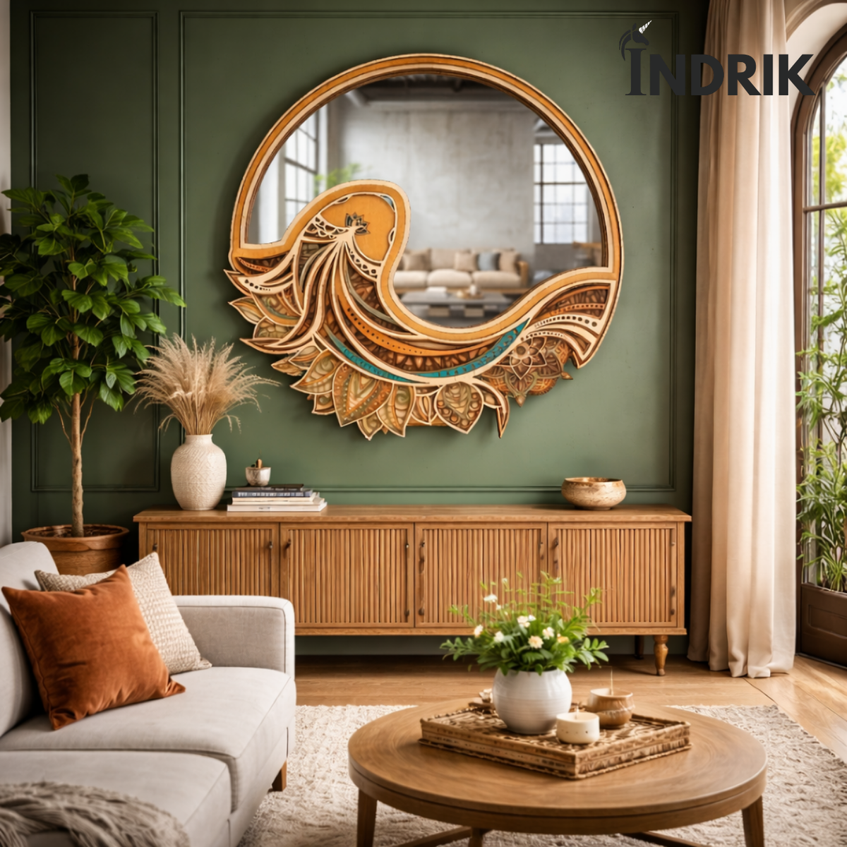 Indrik Designer Round Bird Mirror Wall Art for Luxury Living Room Interiors