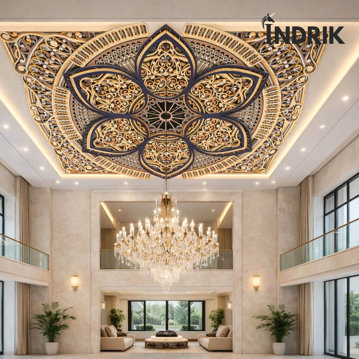 Indrik Luxury Lotus Mandala Ceiling Art for Double Height Hall and Premium Interiors