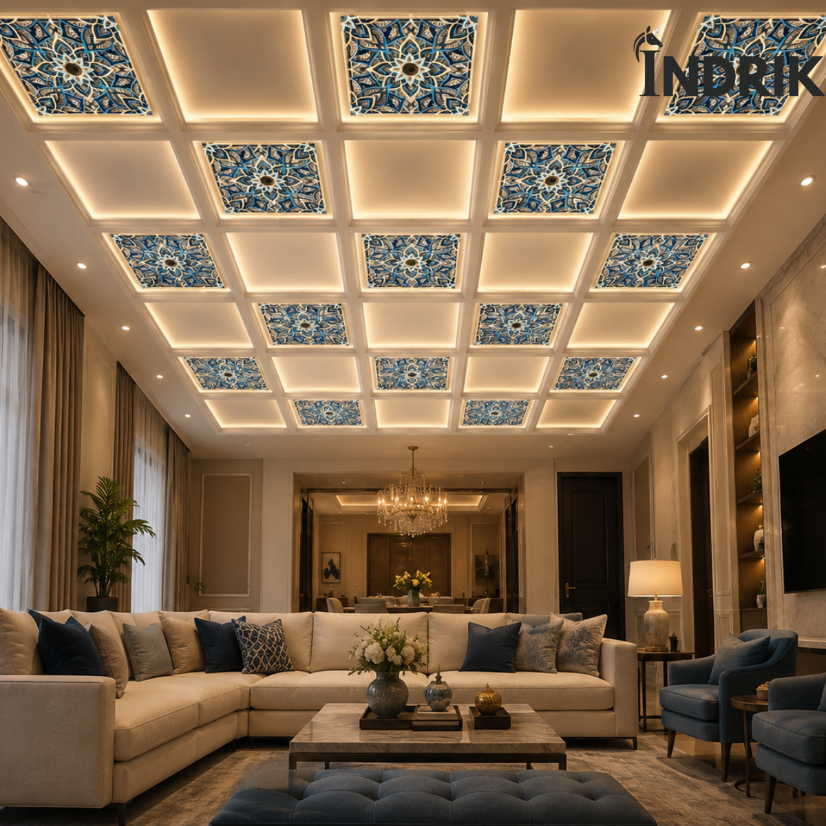 Indrik Premium Blue Mandala Ceiling Frame for Luxury Interior Décor