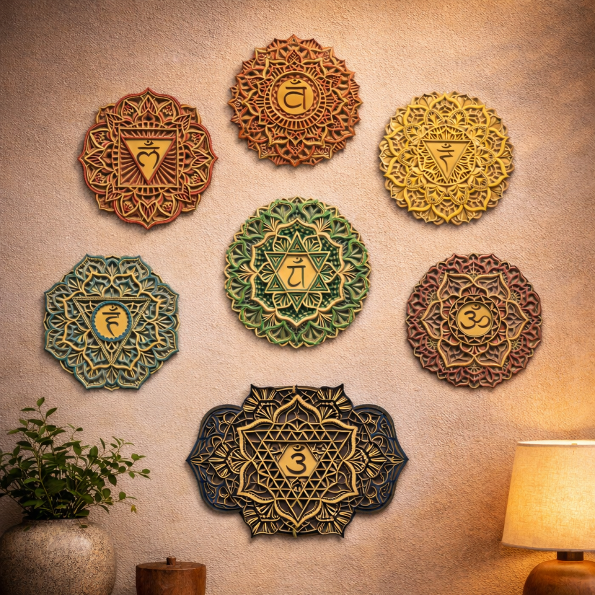 Indrik Seven Chakra Mandala Wall Art Set for Yoga and Meditation Spaces