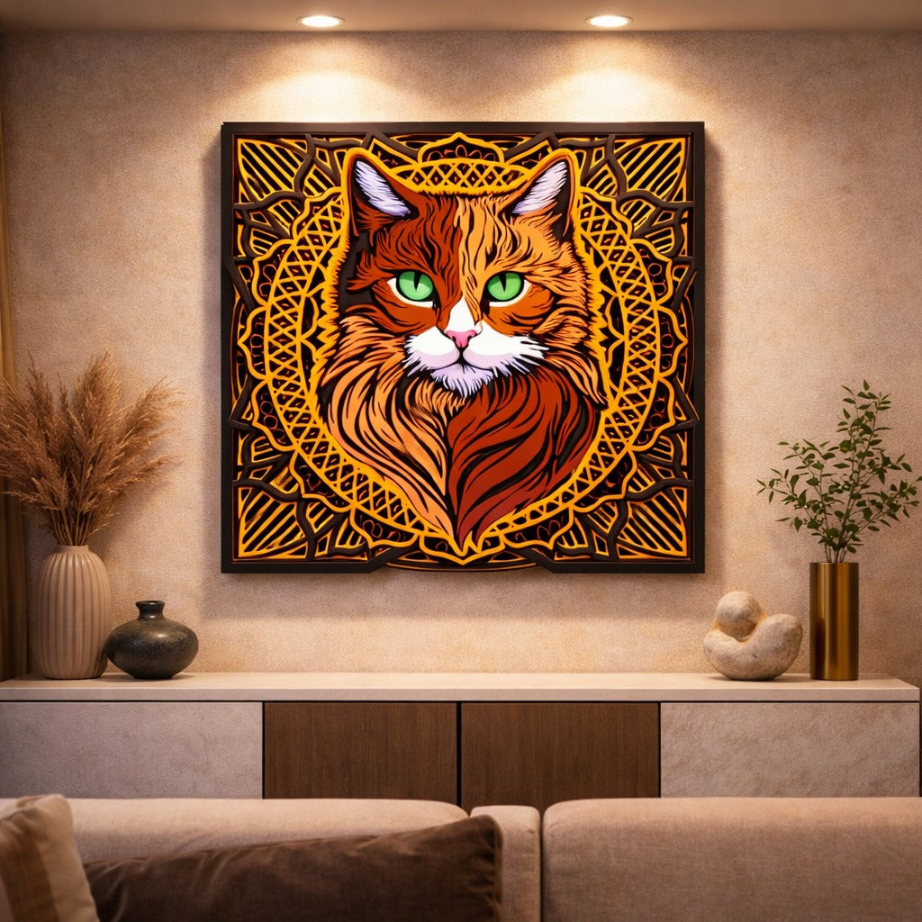 Indrik Luxury 3D Cat Mandala Wall Frame for Living Room & Modern Interiors