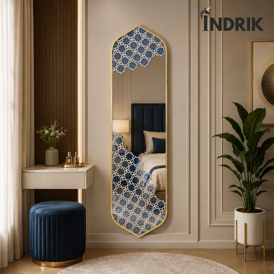 Indrik Luxury Arched Mandala Dressing Mirror with Blue Geometric Design