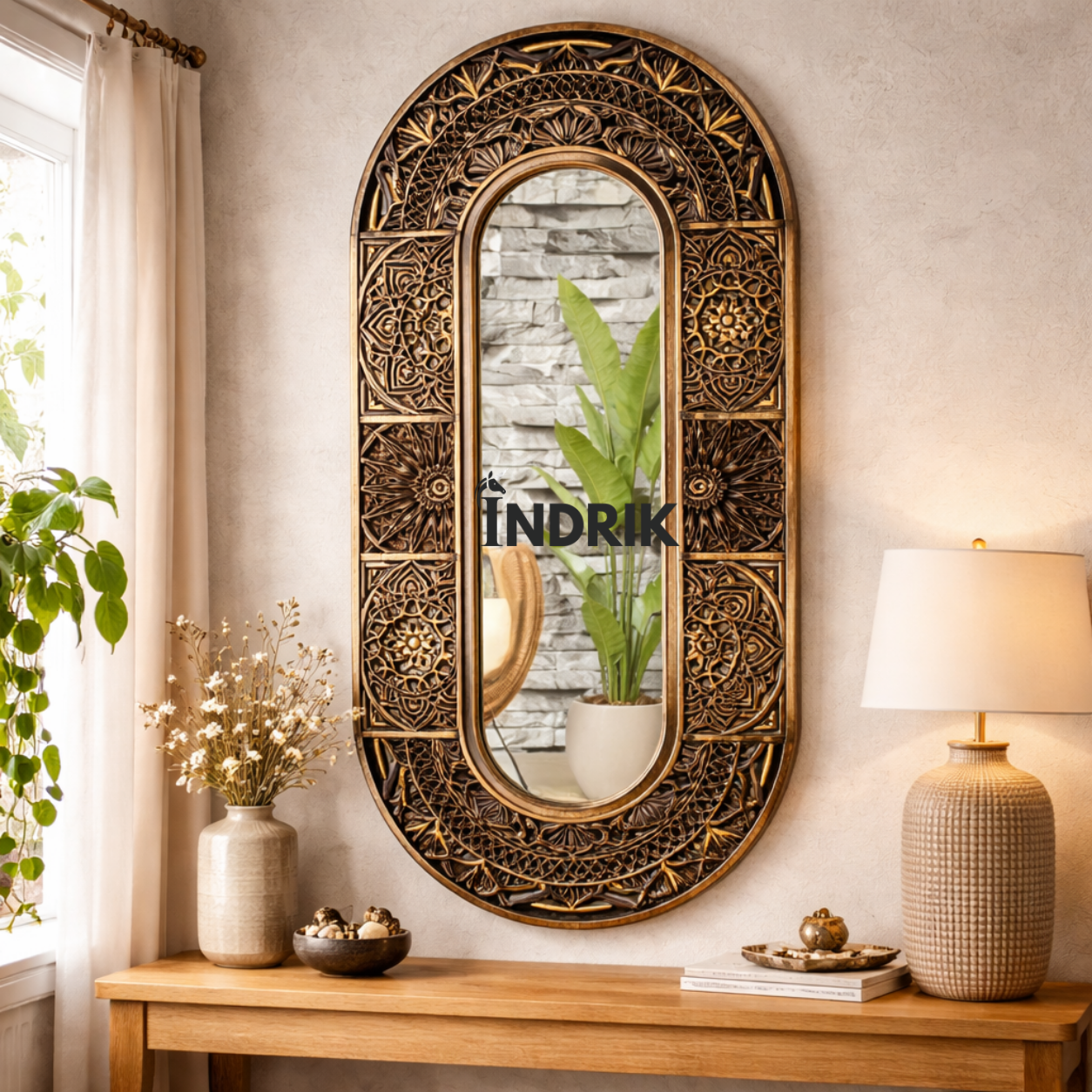 Indrik Luxury Black and Gold Mandala Dressing Mirror for Premium Interiors