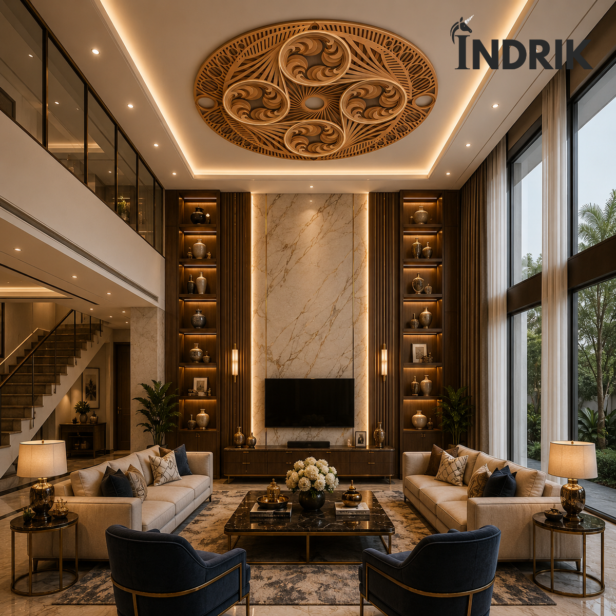 Indrik Premium Circular Mandala Ceiling Frame | Luxury Designer Ceiling Art for Modern Interiors